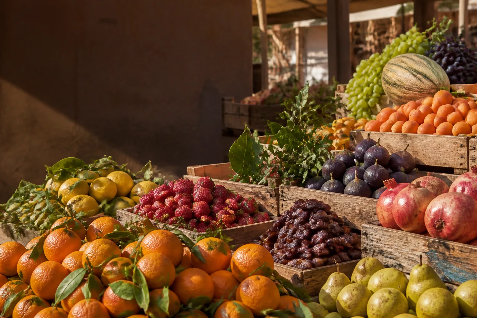 Étal de marché avec oranges, fraises, dattes, figues, grenades, melon et raisin
